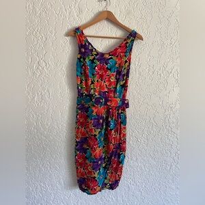 Beautiful 90s Rayon Floral Watercolor Belted Mini Dress by My Michelle